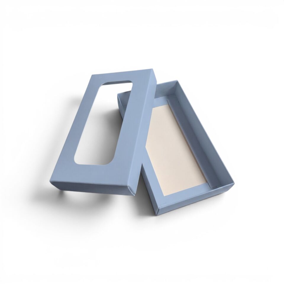 PVC Pencereli Kapaklı Küçük Mavi Hediye Kutusu - 8,8 x 16 x 3 cm