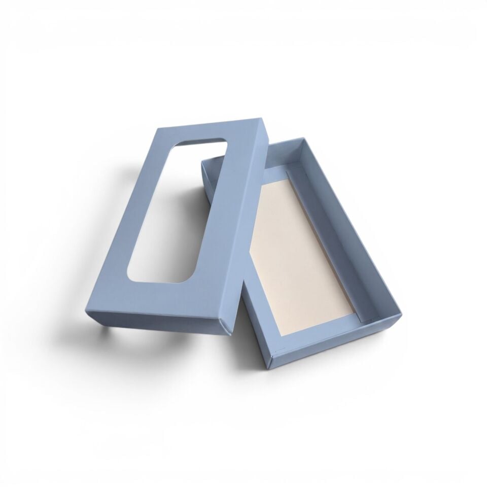 PVC Pencereli Kapaklı Küçük Mavi Hediye Kutusu - 8,8 x 16 x 3 cm