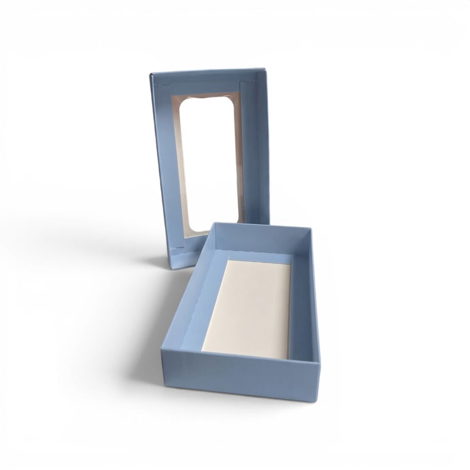 PVC Pencereli Kapaklı Küçük Mavi Hediye Kutusu - 8,8 x 16 x 3 cm
