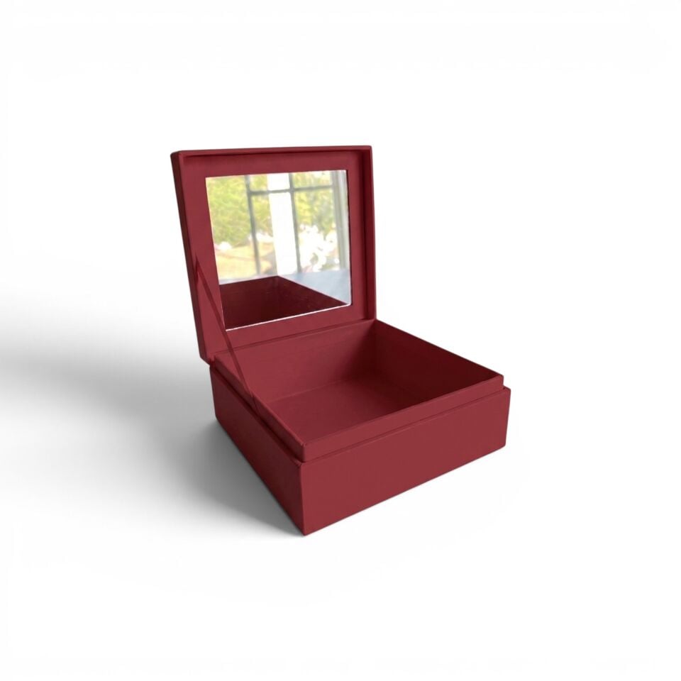 Aynalı Lambalı Kare Bordo Mukavva Kutu - 15x15x8 cm
