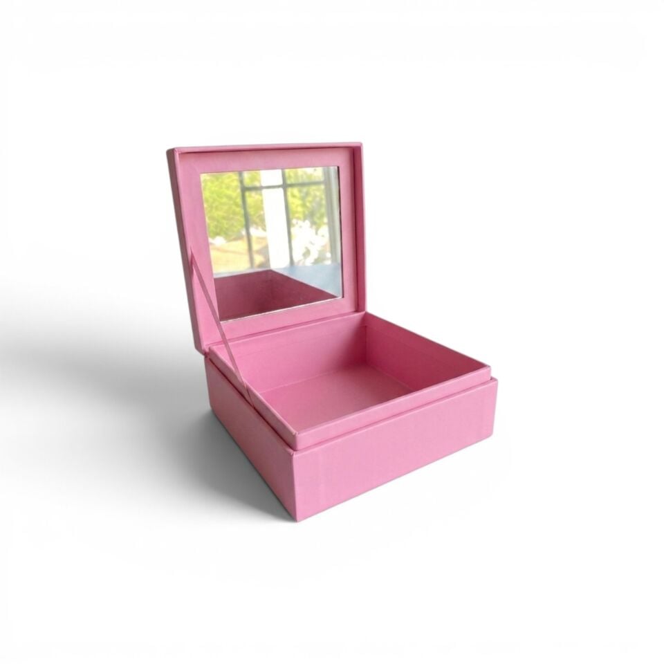 Aynalı Lambalı Kare Pembe Mukavva Kutu - 15x15x8 cm