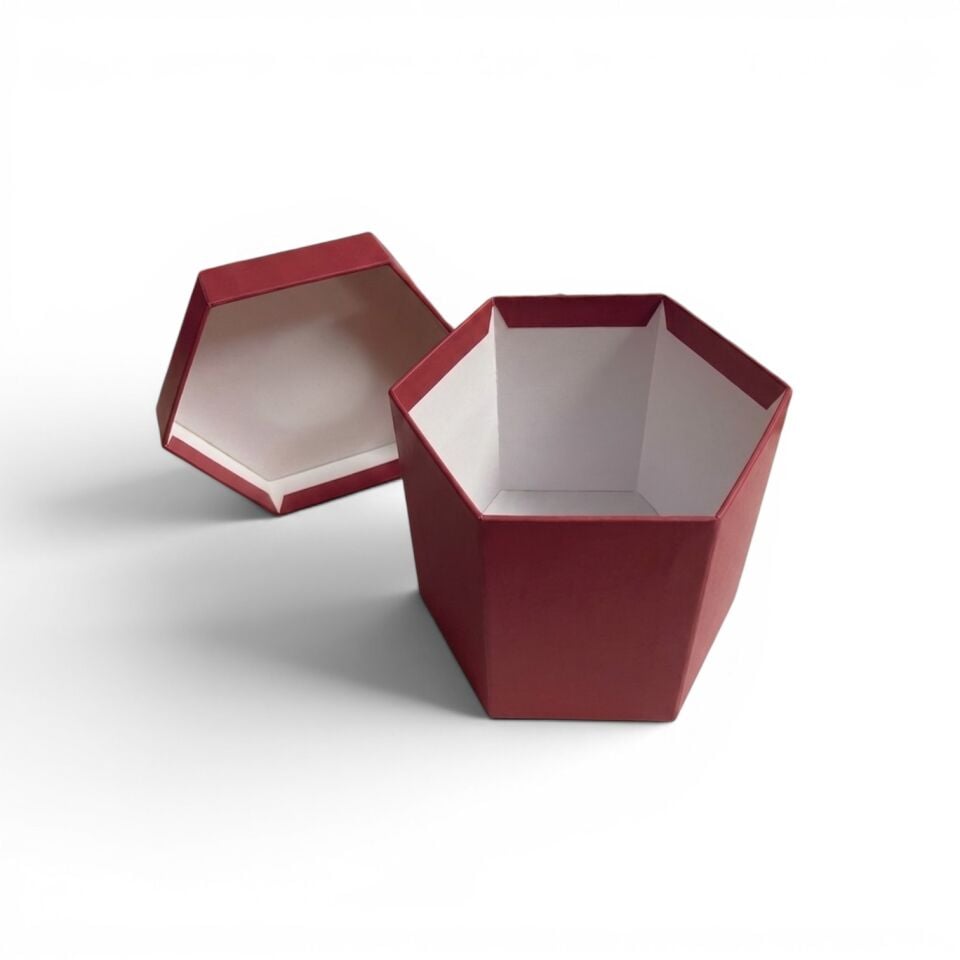 Kutu Kapak Bordo Altıgen Kutu - 15,5x13,5x13,4