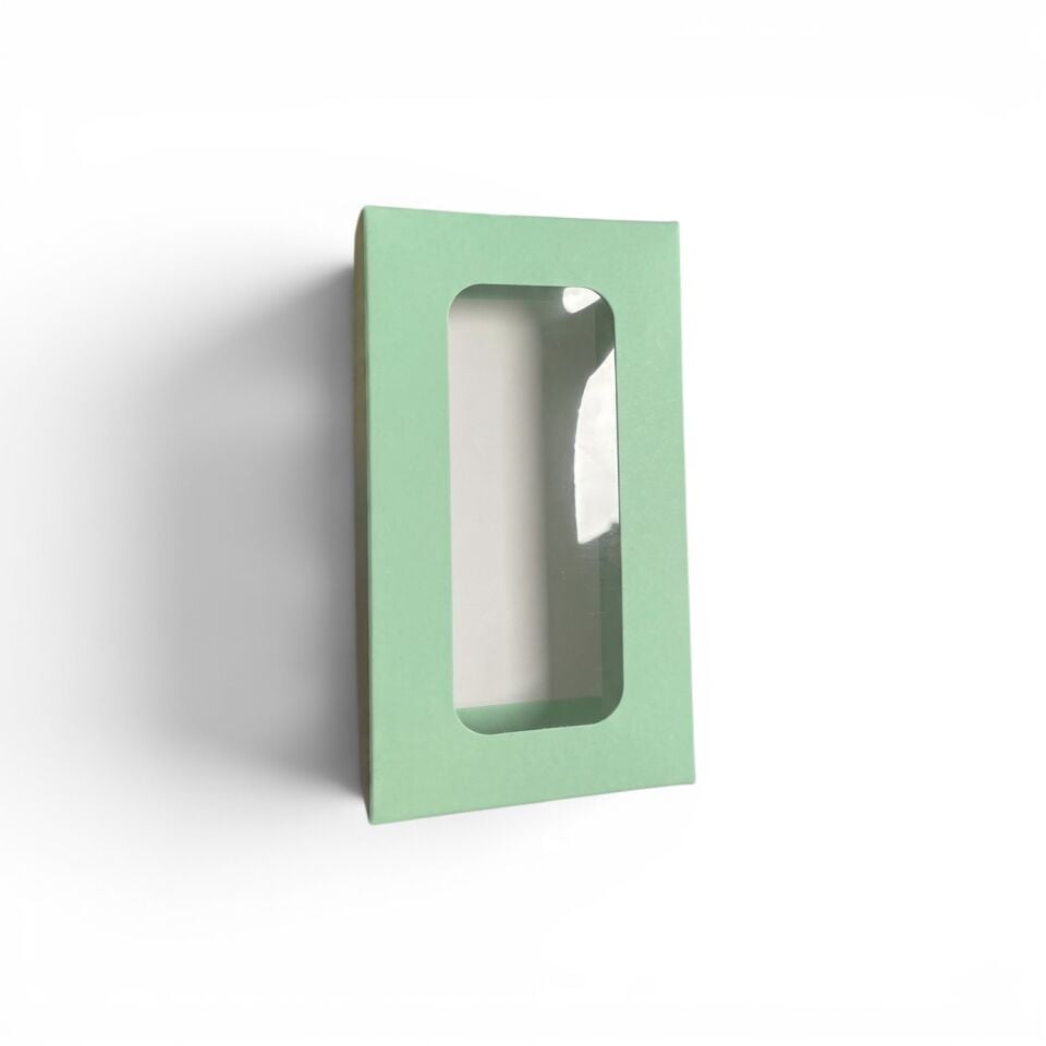 PVC Pencereli Kapaklı Küçük Yeşil Hediye Kutusu - 8,8 x 16 x 3 cm
