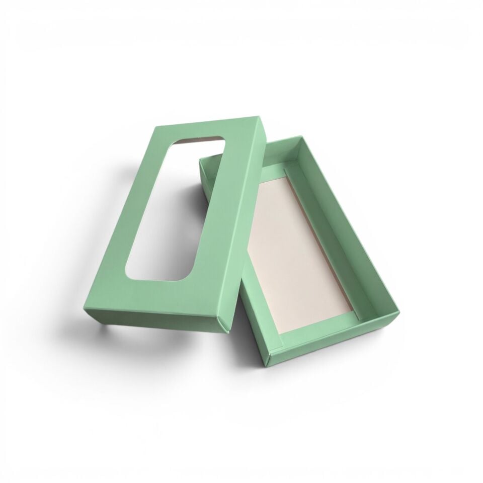 PVC Pencereli Kapaklı Küçük Yeşil Hediye Kutusu - 8,8 x 16 x 3 cm