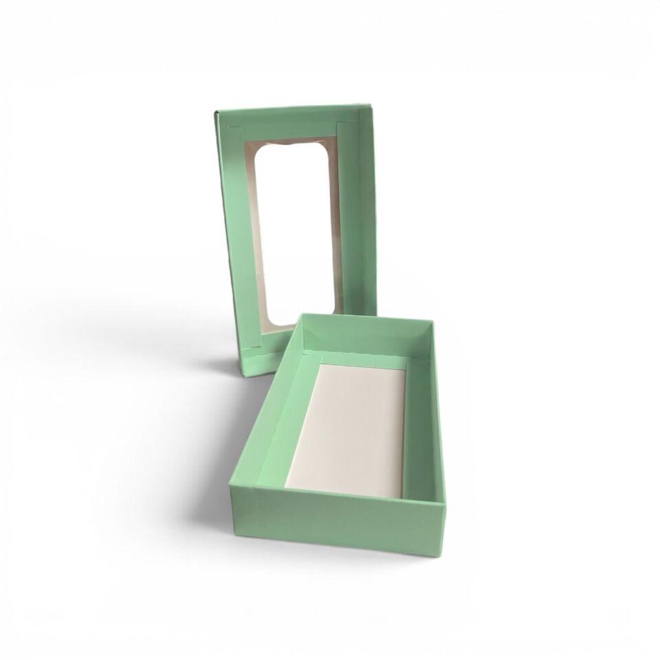 PVC Pencereli Kapaklı Küçük Yeşil Hediye Kutusu - 8,8 x 16 x 3 cm