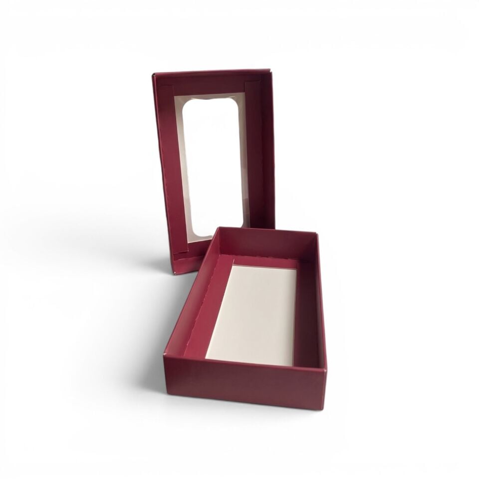 PVC Pencereli Kapaklı Küçük Bordo Hediye Kutusu - 8,8 x 16 x 3 cm