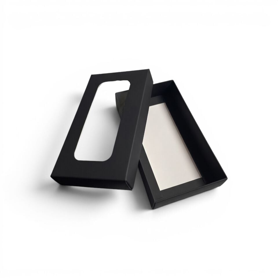 PVC Pencereli Kapaklı Küçük Siyah Hediye Kutusu - 8,8 x 16 x 3 cm
