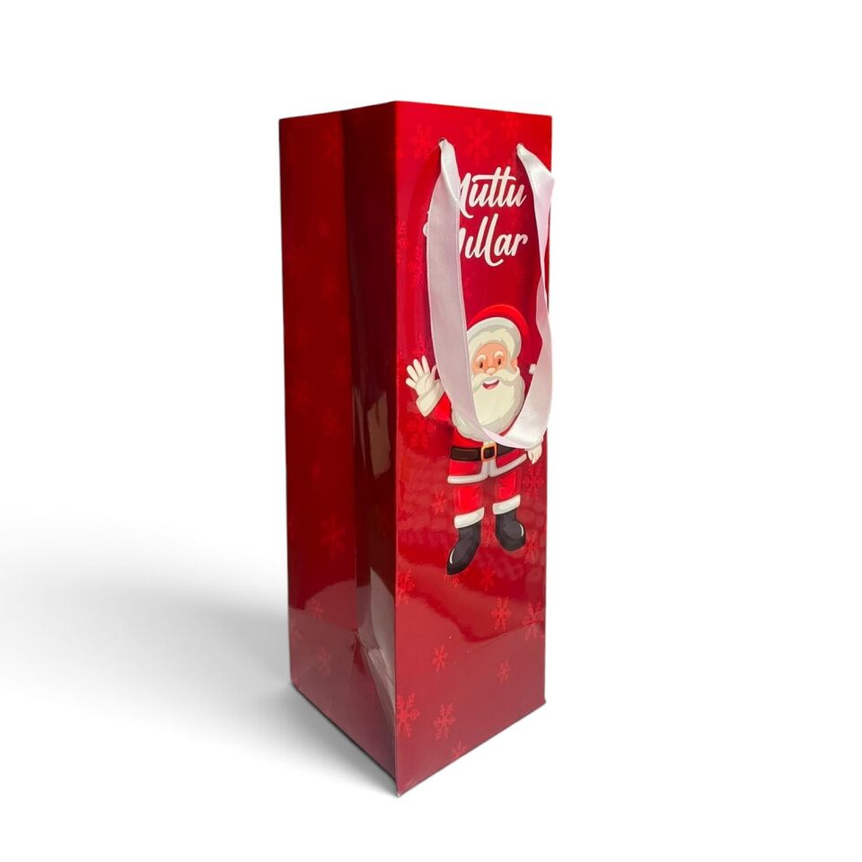 Yılbaşı Temalı Uzun Kırmızı Karton Çanta - 10 x 35 x 10 cm
