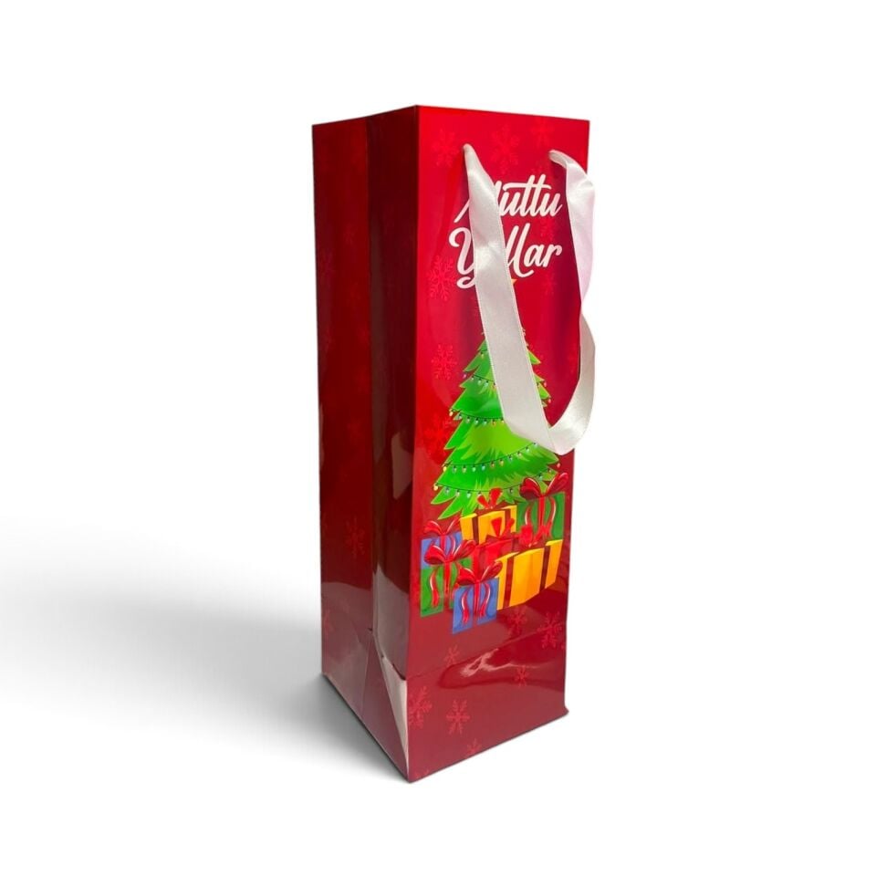 Yılbaşı Temalı Uzun Kırmızı Karton Çanta - 10 x 35 x 10 cm