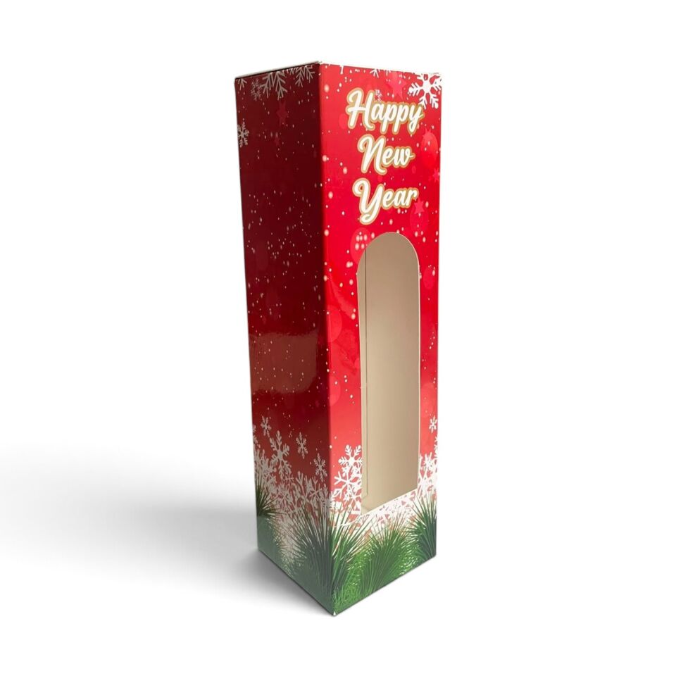 Yılbaşı Temalı Kırmızı Şişe Kutusu - 9 x 32,5 x 9 cm