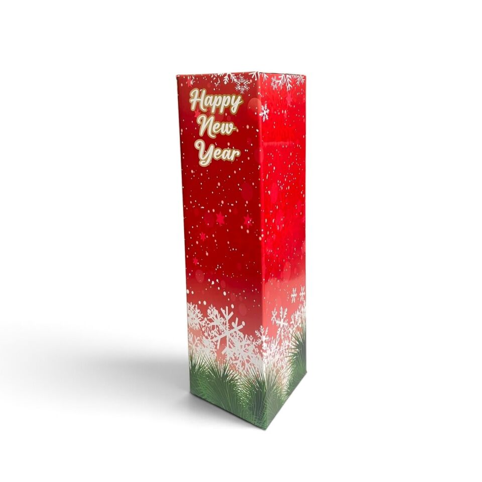 Yılbaşı Temalı Kırmızı Şişe Kutusu - 9 x 32,5 x 9 cm